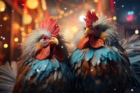Two roosters in front of a christmas tree. Christmas background.の素材