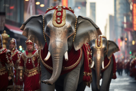 The elephant parade at the annual Chinese lunar new year parade in Paris, France.の素材