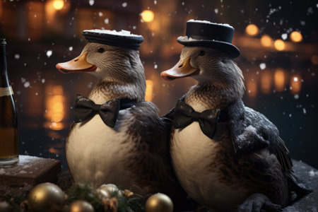 Two ducks in hat and bow tie on snowfall background. Christmas decoration.の素材
