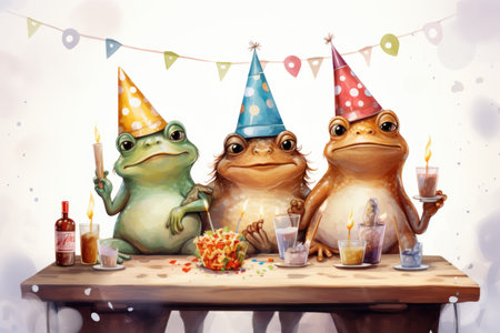 Birthday party with three funny frogs, candles and cake on tableの素材