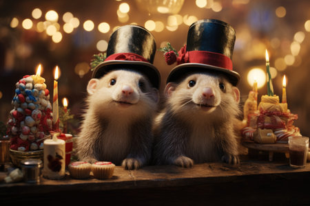Cute ferret couple in top hat with christmas decoration on backgroundの素材
