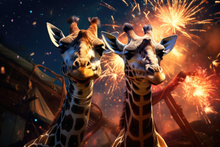 Two giraffes looking at fireworks in the night sky background.の素材