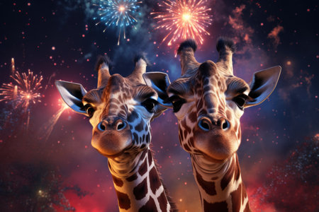 Two giraffes with fireworks in the background.の素材
