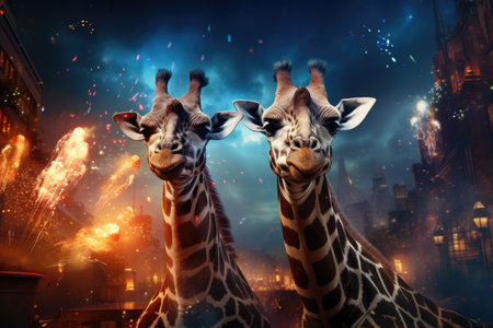 Giraffes with fireworks in the background.の素材