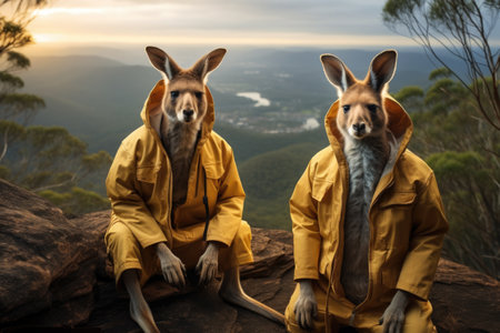Kangaroos in raincoat sitting on top of the mountainの素材