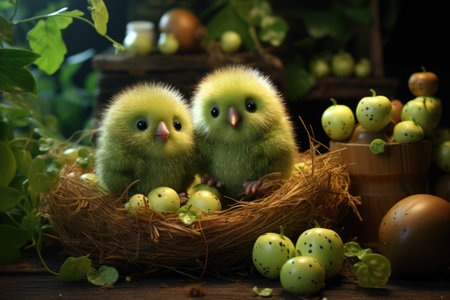 Easter decoration with cute little chicks in nest on rustic wooden backgroundの素材