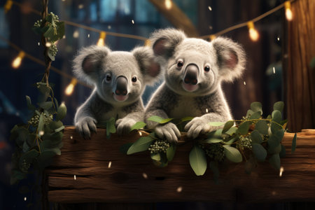 two koalas in eucalyptus branches with Christmas lightsの素材