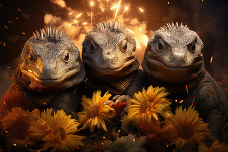 Three iguanas with fireworks and sunflowers on dark backgroundの素材