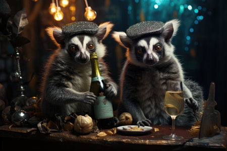 Two lemurs with a bottle of champagne on a dark backgroundの素材