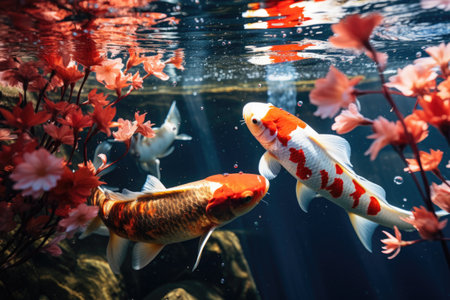 Koi fish swimming in the aquarium. Beautiful fishes swimming in the water.の素材