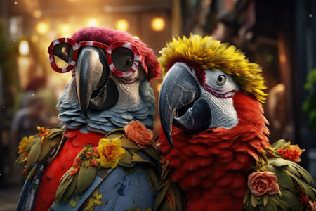Two macaw parrots with sunglasses on a background of night city.の素材