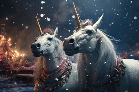 Two unicorns on a background of the night sky with stars.の素材