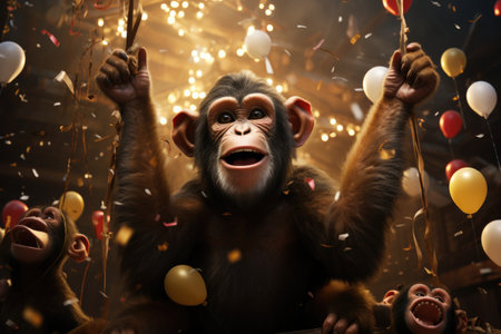 Chimpanzee with balloons and confetti on a dark backgroundの素材
