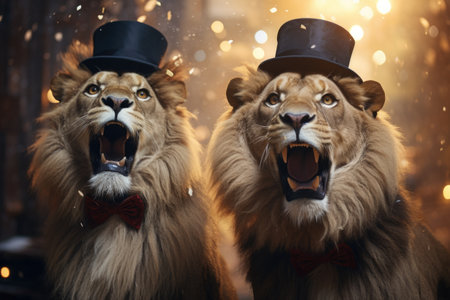 Two lion in top hat and bow tie on christmas background.の素材
