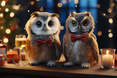 Cute owls with glasses of champagne on table against blurred lightsの素材