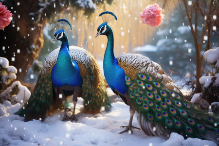 Peacock couple in winter park. Beautiful peacock couple in loveの素材