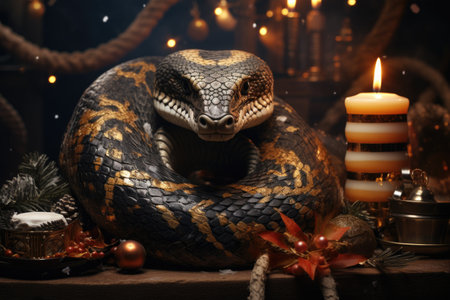 Snake and candles on a dark background. Halloween concept. Copy space.の素材