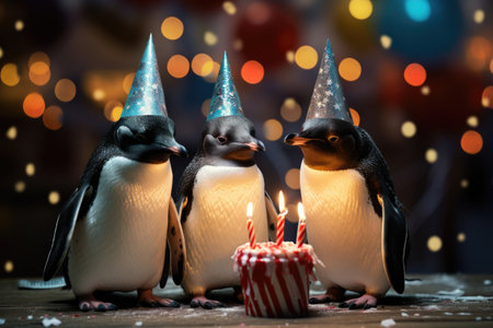 Cute penguins with birthday candles on bokeh background.の素材