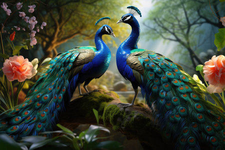Peacock in the forest, 3d rendering. Computer digital drawing.の素材