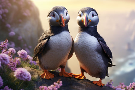 Puffins on the cliff with pink flowers in the background.の素材