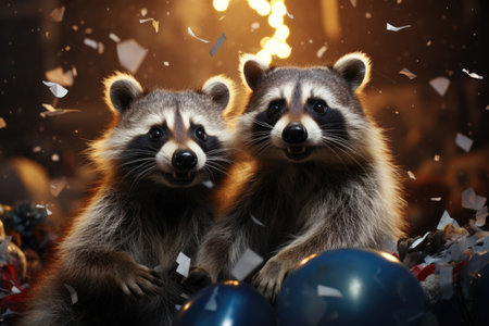 Two raccoons with confetti on dark background, closeupの素材