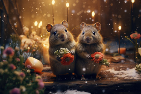 Two cute brown rats sitting on a wooden table with a bouquet of flowers in the background.の素材