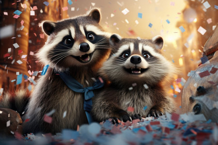 Two raccoons on the background of falling confetti.の素材