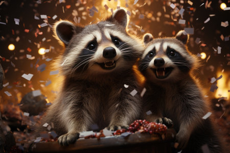Three raccoons in front of a fire with confetti.の素材