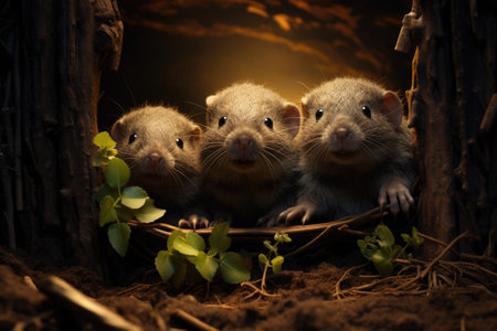 Three cute little rats in a basket on a dark background. Studio shot.の素材