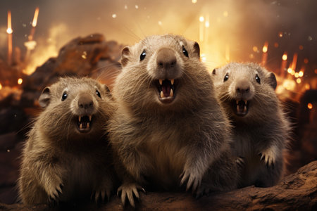 Group of three otters on fire background.の素材