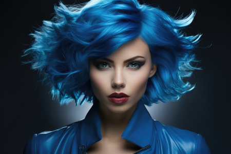 Portrait of a beautiful woman with blue hair on a dark backgroundの素材