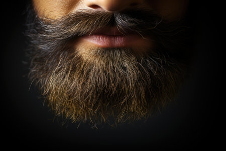 close up of a bearded man with a mustache on a black backgroundの素材