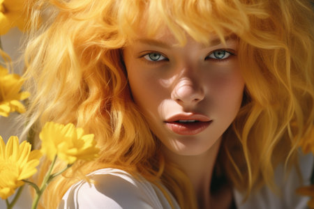 Close-up portrait of a beautiful young woman with yellow flowers.の素材
