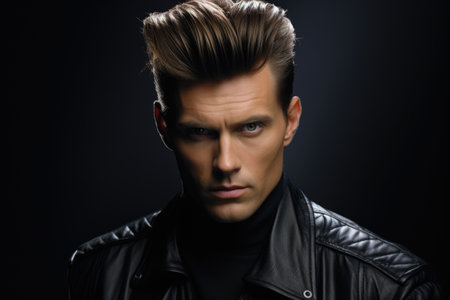 Portrait of a handsome young man in black leather jacket. Men's beauty, fashion.の素材