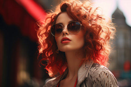 fashion outdoor photo of beautiful sensual woman with curly hair in elegant clothes and sunglasses posing in the cityの素材