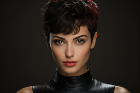 Beautiful young woman with stylish hairstyle and makeup on dark backgroundの素材