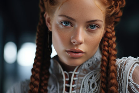 Close up portrait of a beautiful redhead girl with braids.の素材