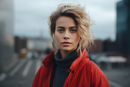 Portrait of a beautiful young woman with blond hair in a red coat on the street.の素材