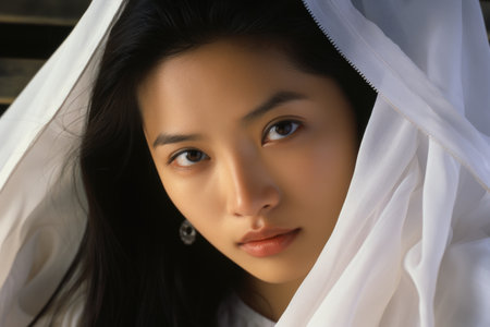 Portrait of a beautiful Asian woman in white cloth, closeupの素材