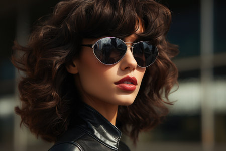 Portrait of beautiful young woman with curly hairstyle and sunglasses outdoorsの素材