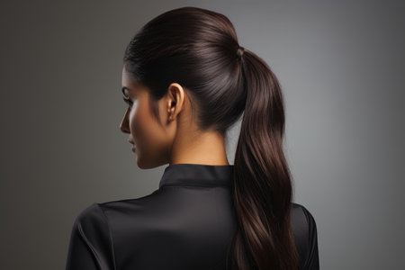 Back view of young woman with long brunette hair on gray backgroundの素材