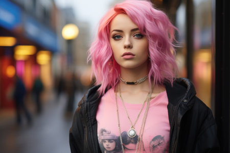 Beautiful young woman with pink hair posing in the city street.の素材