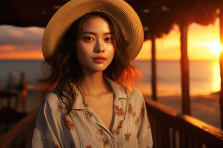 Portrait of a beautiful Asian woman in hat on the beach at sunsetの素材