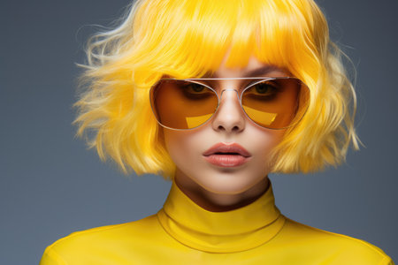 Fashion portrait of beautiful young woman in yellow wig and sunglasses.の素材