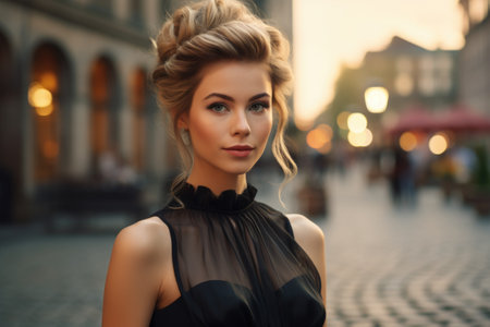 fashion outdoor photo of beautiful sensual woman with blond hair in elegant dress posing in old townの素材