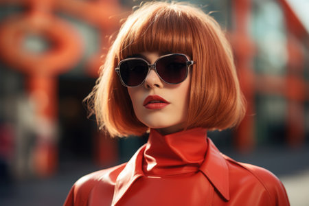 Fashionable redhead girl in sunglasses on a city street.の素材