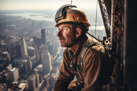 Portrait of a construction worker on the top of a building.の素材