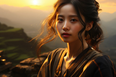 Portrait of young beautiful Asian woman wearing traditional kimono looking at camera on sunset background.の素材