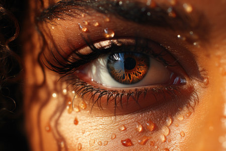 Beautiful woman's eye with drops of water on it, closeupの素材