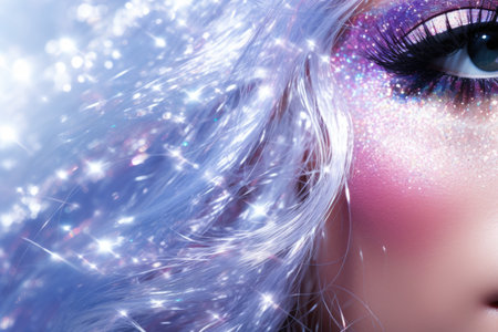 Beautiful woman with blue hair and sparkles on her face.の素材